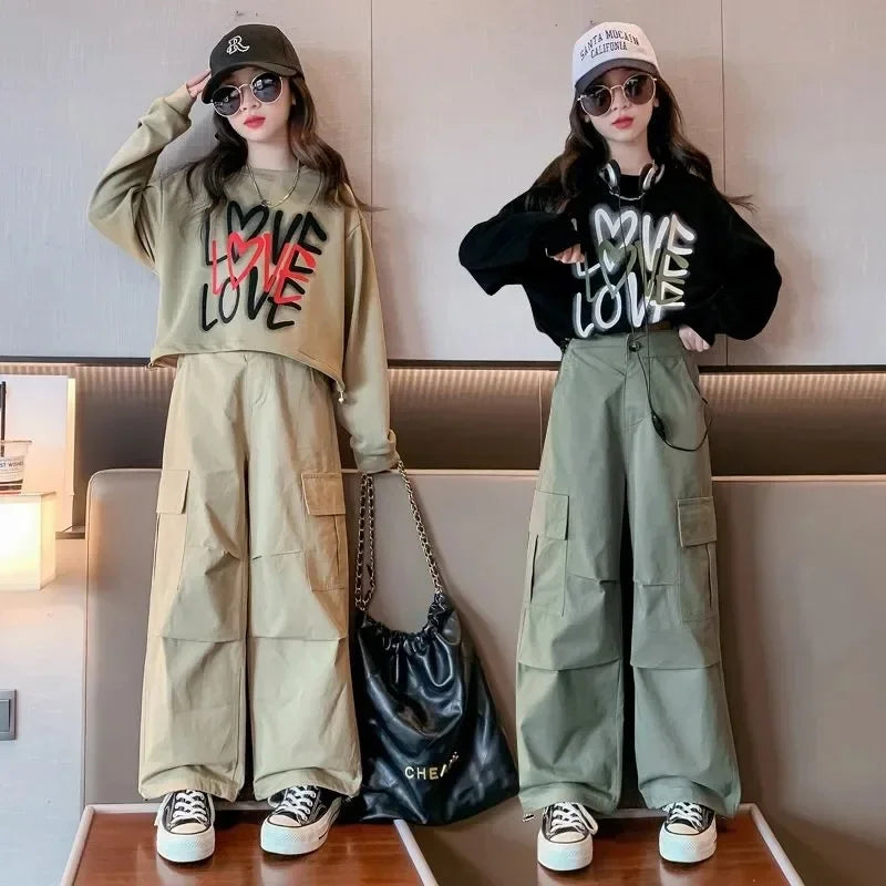 2025 spring autumn Kids tracksuit Children set Girls Clothes loose T-Shirt + wide leg Cargo Pants Teenager 4 5 6 7 10 11 12 year
