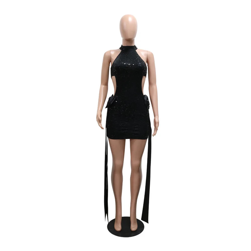 FAGADOER Bow Patchwork Bodycon Birthday Party Mini Sequined Dress Black Sexy Side Hollow Halter Tassel Night Clubwear 2024 New