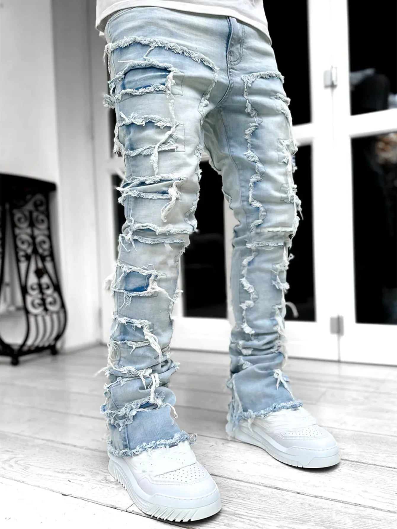 New Fashion Stretch Jeans Man Stacked Jeans Elastic Waist Straight Fit Patchworks Denim Long Pants Fringe Ripped Jeans For Men