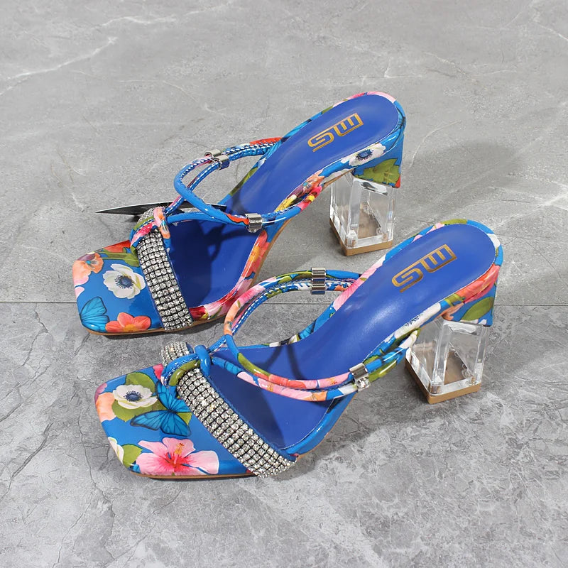Summer New Crystal Open Toe Mixed Color High Heels Women Sandals