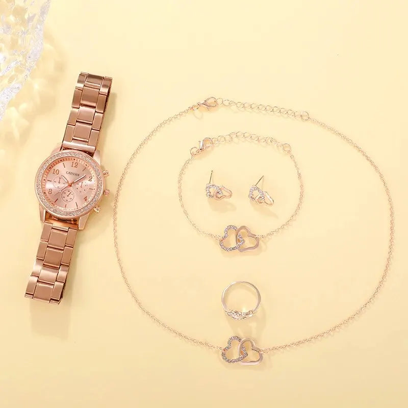 6PCS Luxury Watch Ring Necklace Earring Bracelet Watches Rhinestone Set