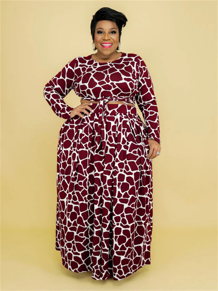Wmstar Plus Size Women Clothing Skirts Matching Sets 2 Piece Outfits Crop Top Long Sleeve Maxi Big Swing Wholesale Dropshipping