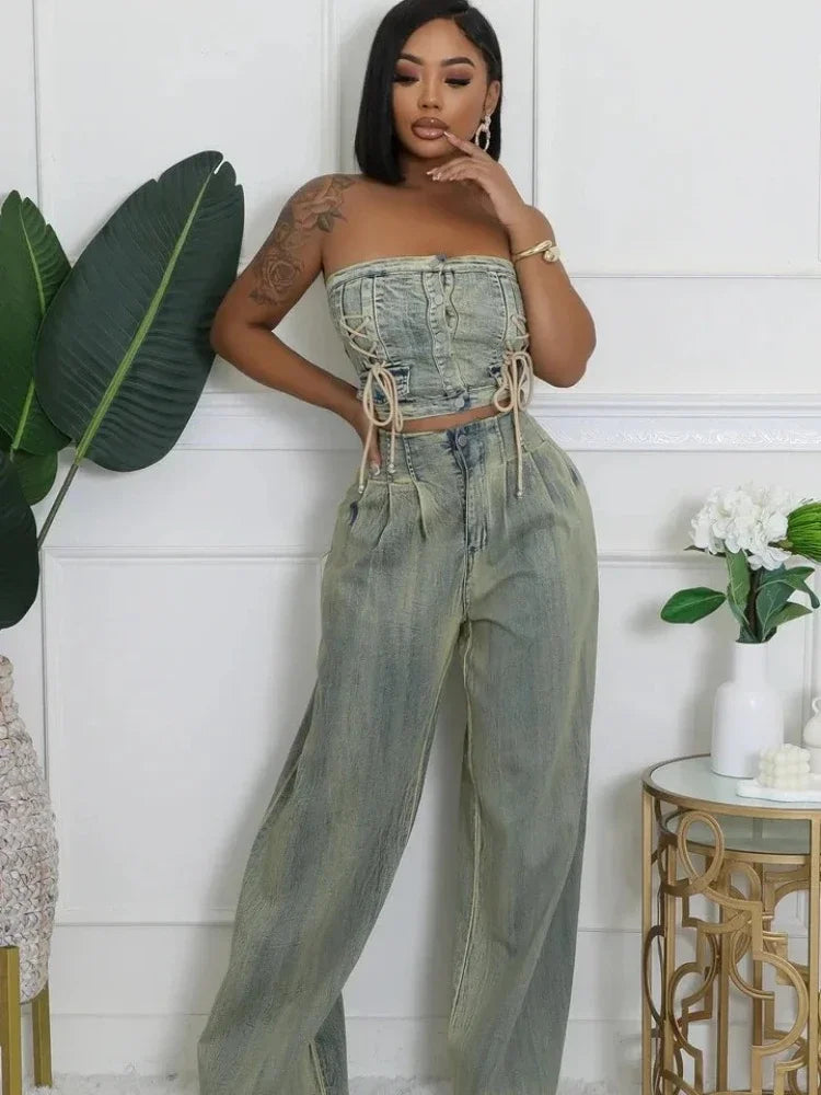 Leosoxs Denim Women's Set Sleeveless Strapless Top +Loose Jeans Pants 2024 Fall Lace Up Street Two 2 Piece Set Outfits Tracksuit