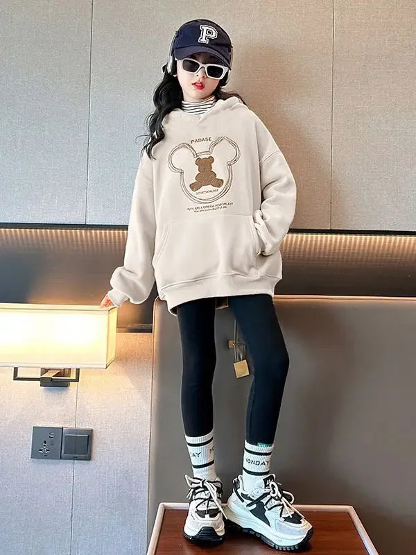 2025 girls clothes autumn winter sweatshirt bear t-shirt hooded + stretch pants leggings teens children set 8 9 10 11 12 year