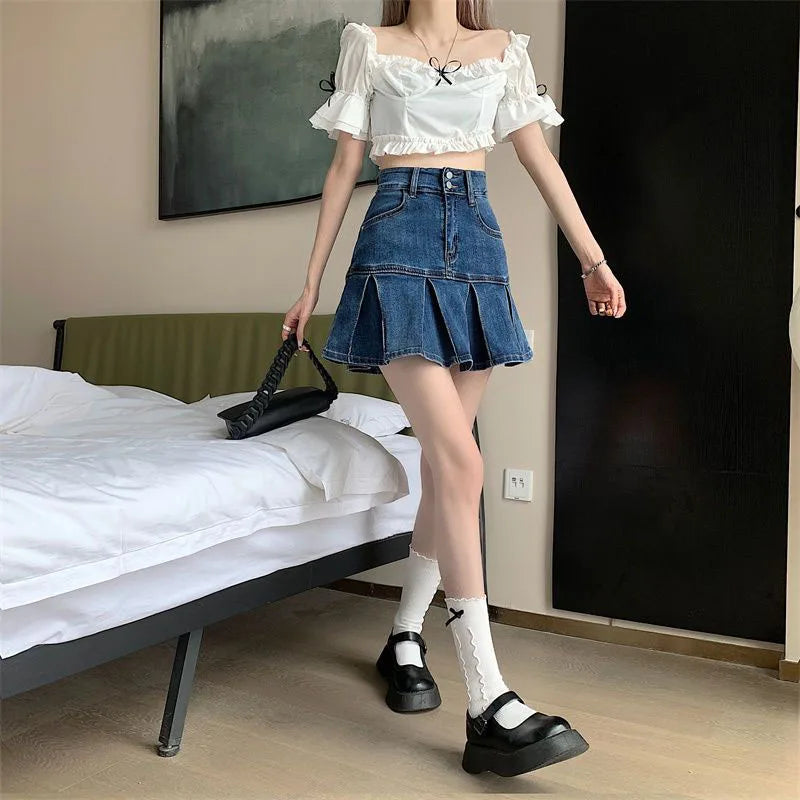 Lucyever Korean Style Women's Mini Denim Skirt Fashion High Waist A-Line Jean Skirts Woman 2025 Summer New Street Pleated Skirts