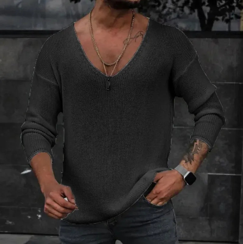 New 2025 Men's Casual Long Sleeve Knitted Sweaters Tops Solid Fashion Pullover Tops For Men Harajuku V-neck Streetwear Jumper