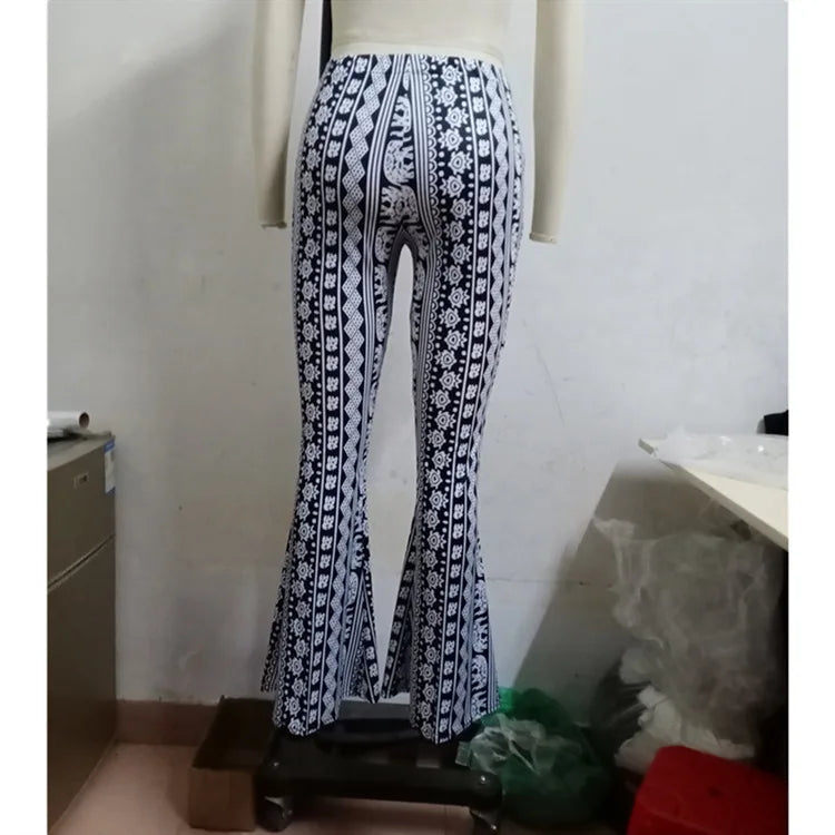 Women Tight-Fitting Hip Flare Pants Retro Rose Print Big Bell-Bottom Boho Printed Flare Pants Spring Summer Pantalones De Mujer
