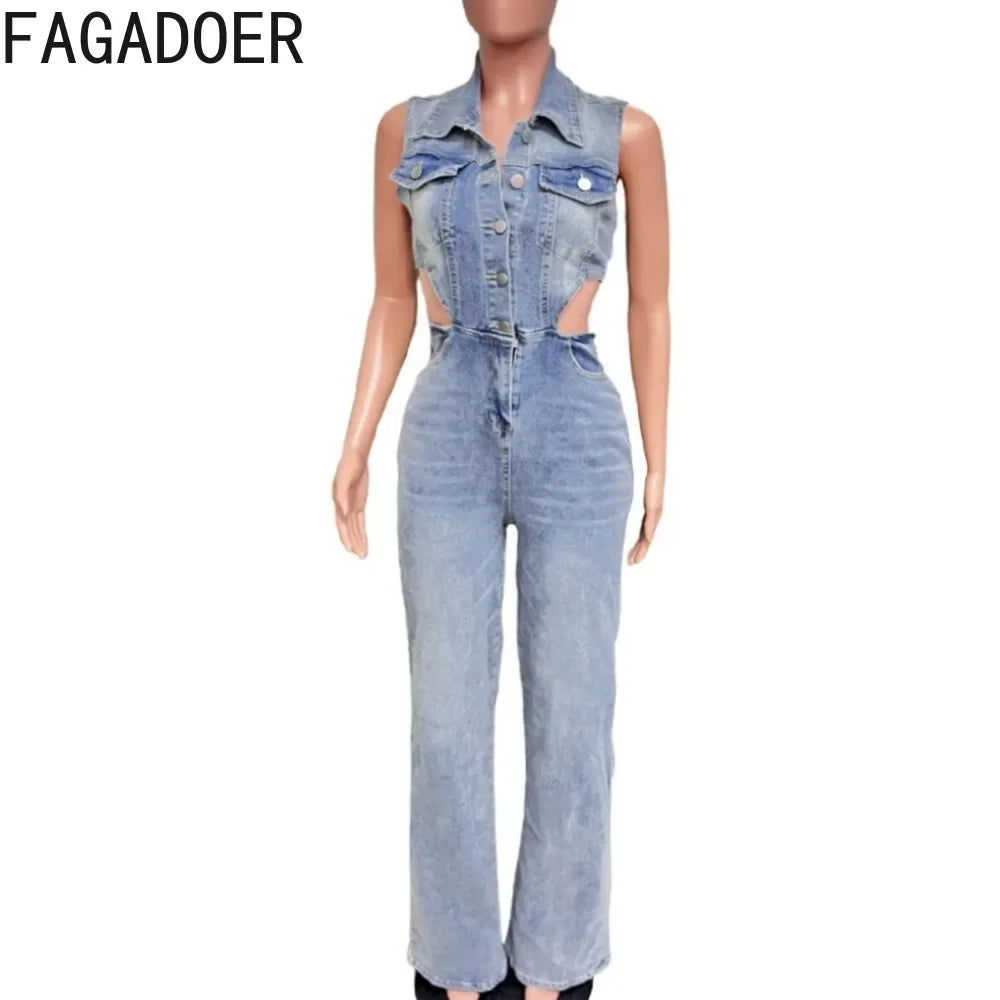 FAGADOER Y2k Retro Denim One Pieces Jumpsuit Women High Quality Stretchy Wide Leg Jean Rompers Side Hollow Streetwear Overalls