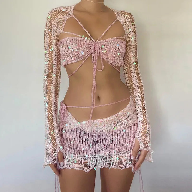 Sexy Sequined Knitted Sweater Party Dresses 3 Piece Skirt Sets Womens Outfits Flare Long Sleeve See Through Clue Wear Dress