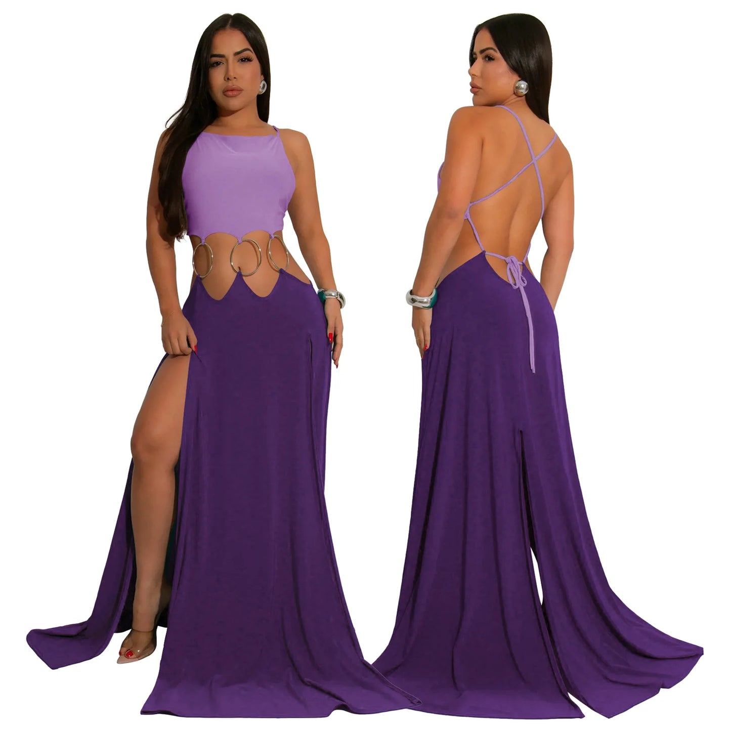 CM.YAYA Women Strap Backless Big Swing Split Maxi Long Dress 2025 Hollow Out Birthday Sexy Club Party Evening Dresses Vestidos