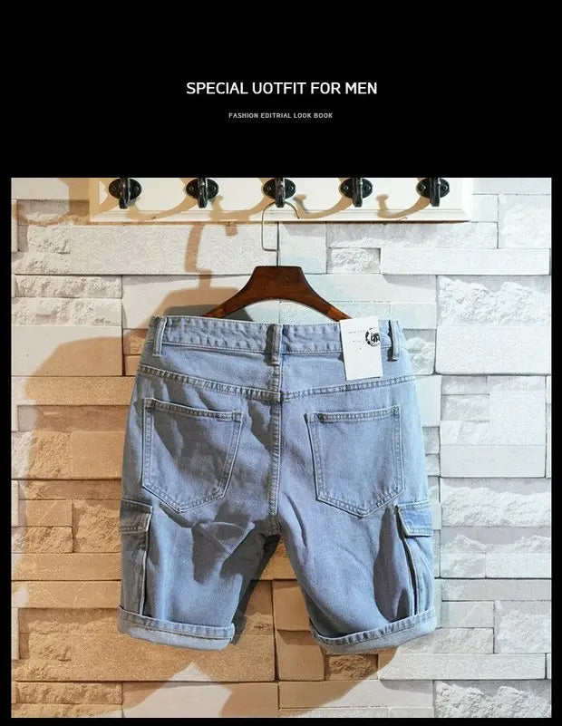 Summer 2025 Light Blue Ripped Cat Whisker Patch Letter Print Slim Denim Shorts Teenagers Jeans Boys and Girls Cowboy Short Pants