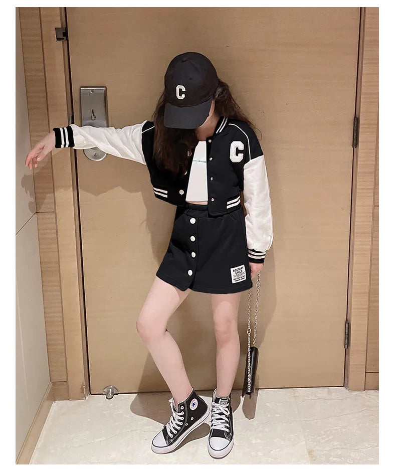 Spring Autumn Teen Girls Clothing Sets Fashion Baseball Coats + Slim Skirt 2Pcs Outfits Kids Tracksuit 5 6 7 8 9 10 11 12 13 Yrs