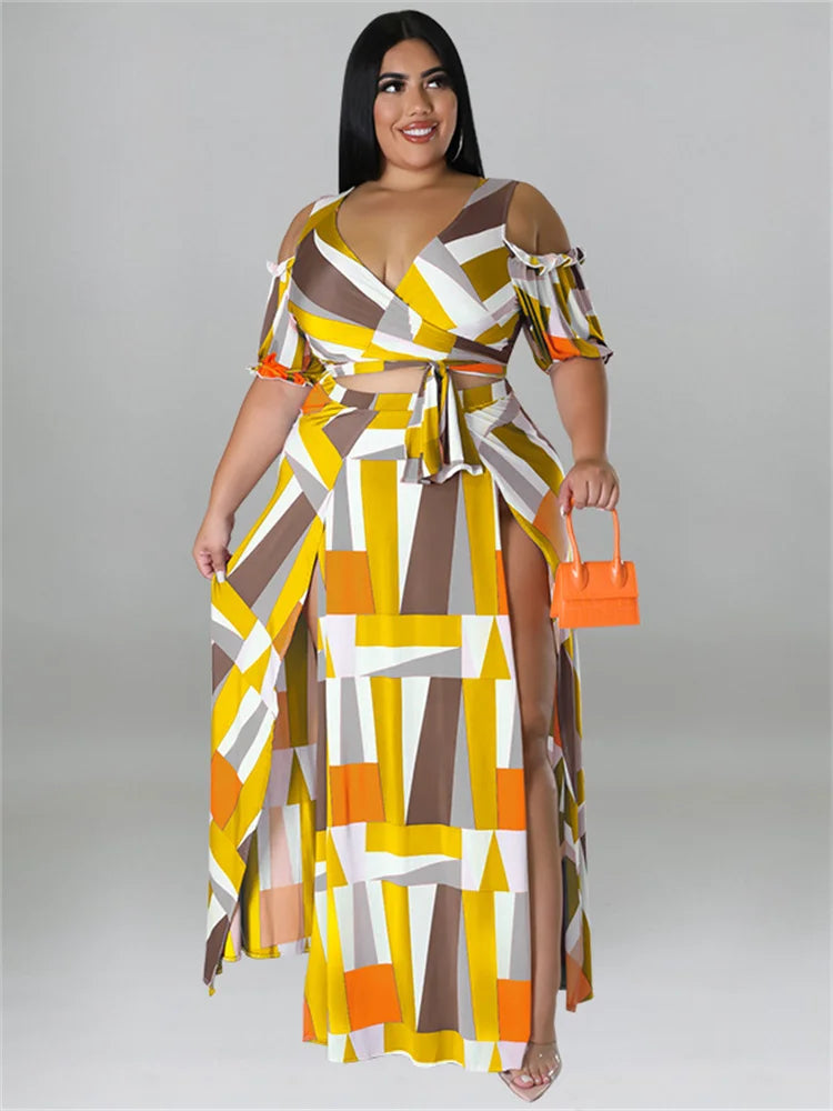 Wmstar Summer Plis Size Dress Sets Two Piece V Neck Printed Crop Top Big Swing Skirts Sexy Suits Slip Hem Wholesale Dropshipping
