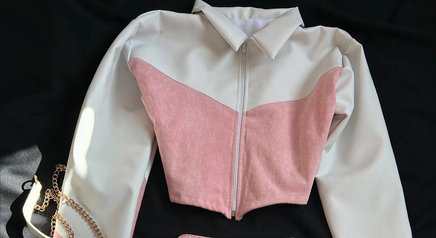 Harajuku New Y2k Two Piece Sets Womens Outifits Pink Leather Denim Splicing Zipper Jacket Skirt Sets Pleated Skirts Streetwear