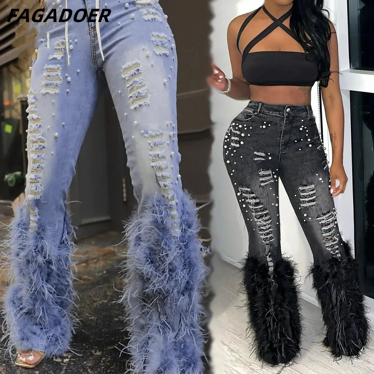 FAGADOER Feathers Patchwork Denim Pants Women Fashion Pearls Holes Tassel High Waist Stretchy Jeans Y2K Streetwear Bottoms New