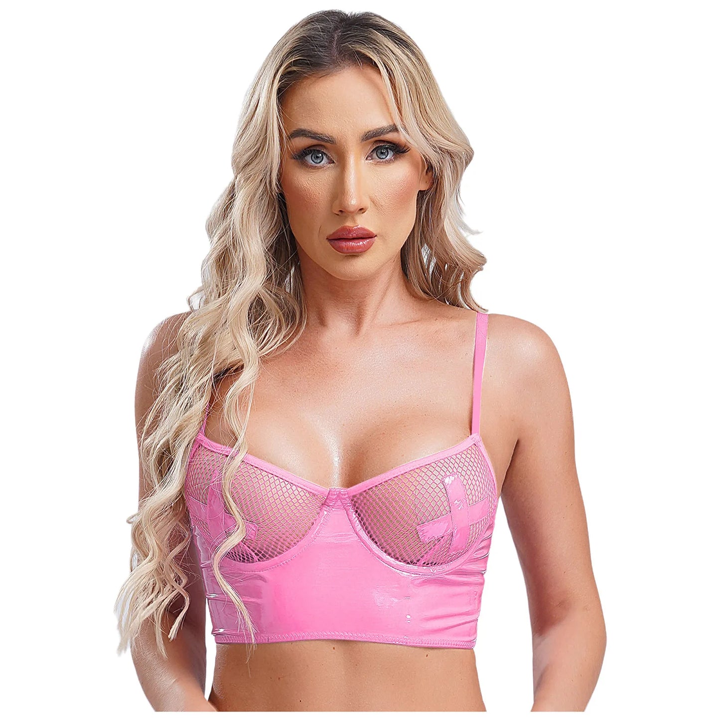 Womens Lingerie Fishnet Mesh Bra Bustier See Through Mesh Underwire Balconette Back Zipper Bras Sexy Push Up Wet Look Crop Top