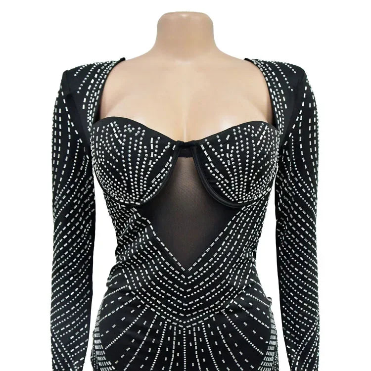 Solid Color Mesh Rhinestone Long Sleeve Backless Night Club Dress