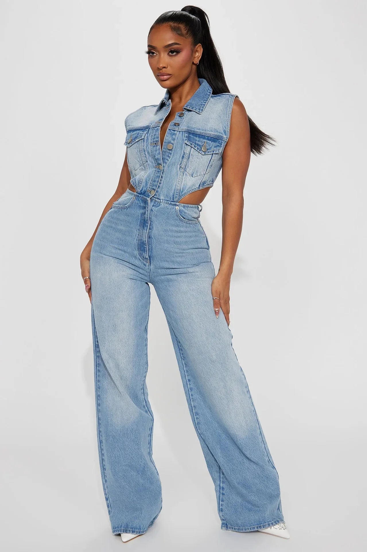 FAGADOER Y2k Retro Denim One Pieces Jumpsuit Women High Quality Stretchy Wide Leg Jean Rompers Side Hollow Streetwear Overalls
