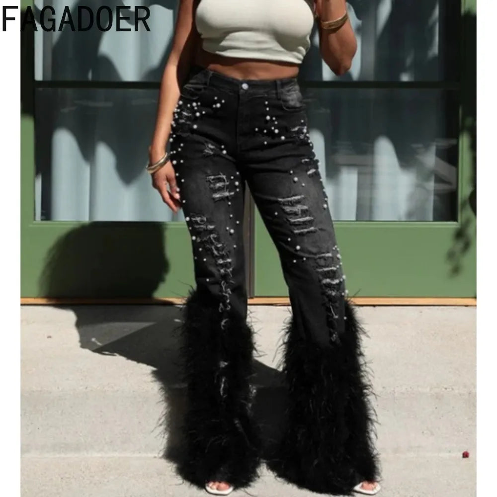 FAGADOER Feathers Patchwork Denim Pants Women Fashion Pearls Holes Tassel High Waist Stretchy Jeans Y2K Streetwear Bottoms New