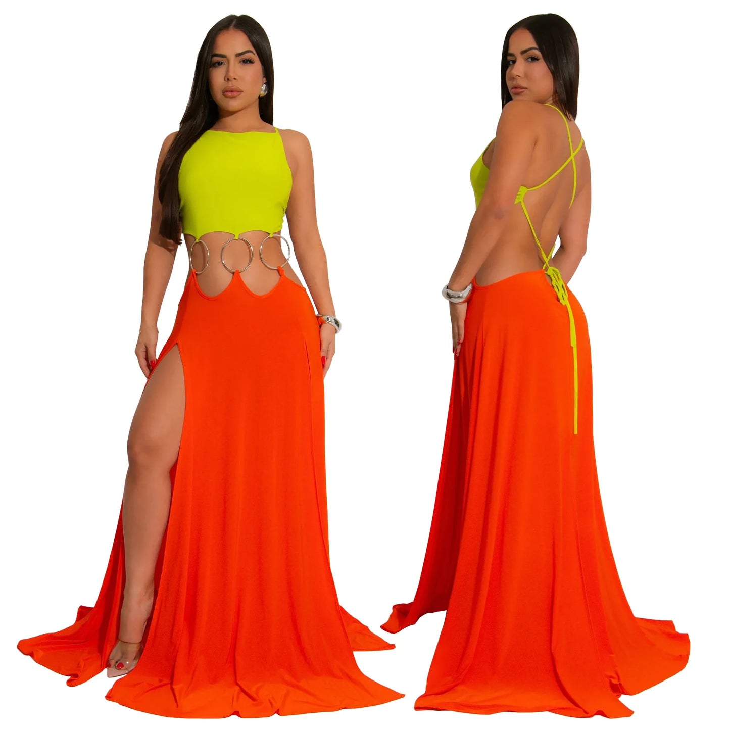 CM.YAYA Women Strap Backless Big Swing Split Maxi Long Dress 2025 Hollow Out Birthday Sexy Club Party Evening Dresses Vestidos