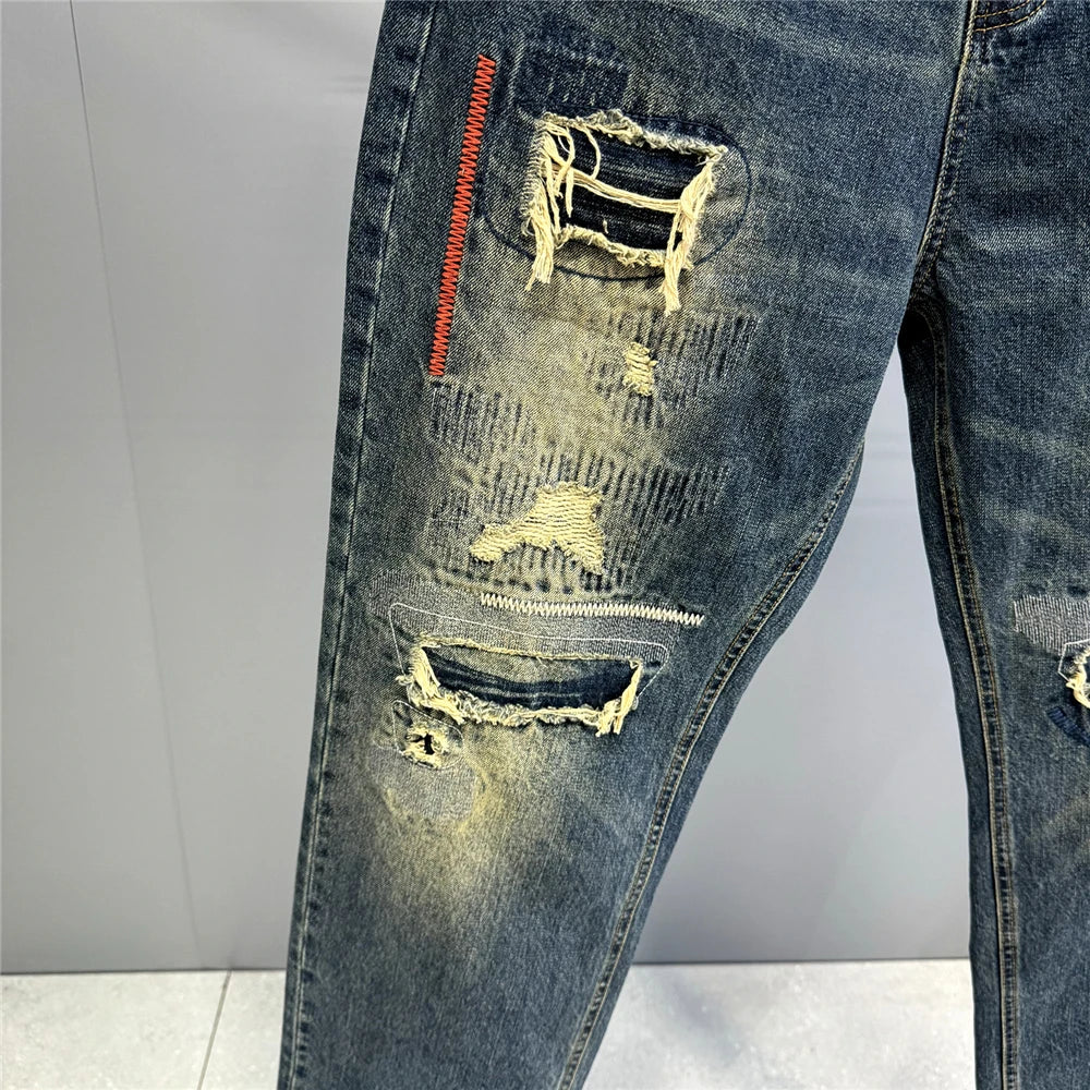 American Streetwear Ripped Patch Jeans Hip Hop Baggy Jeans Mens Clothing Vintage Denim Cargo Pants Japanese Harajuku Trousers