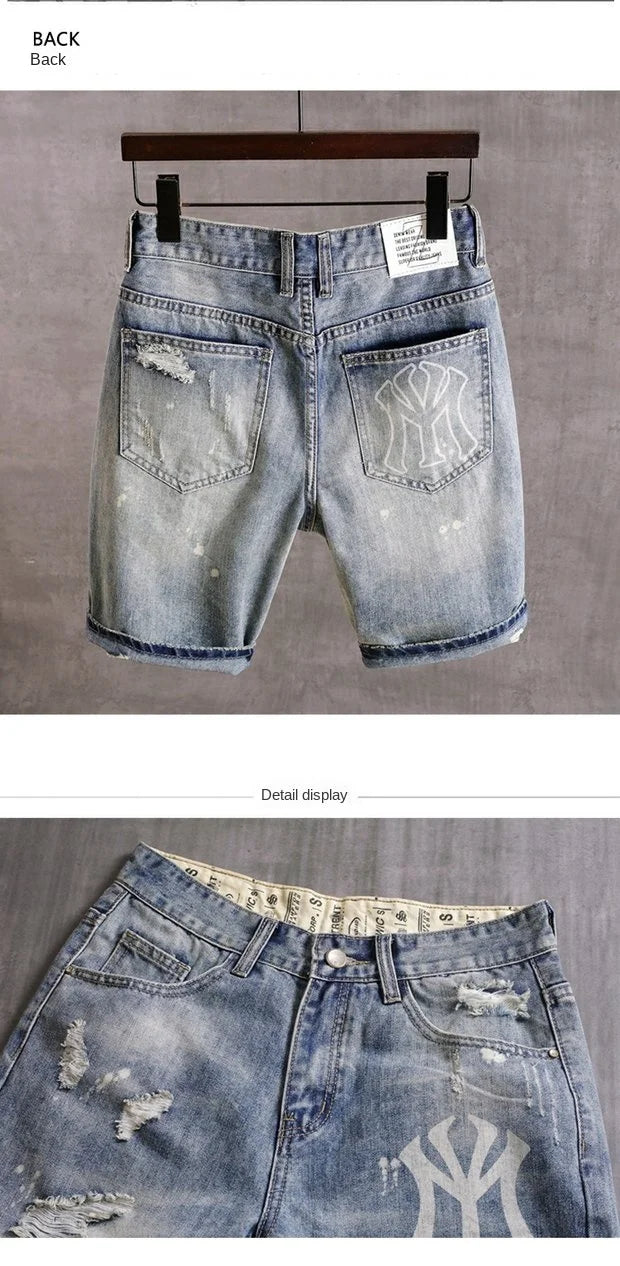 Summer 2025 Light Blue Ripped Cat Whisker Patch Letter Print Slim Denim Shorts Teenagers Jeans Boys and Girls Cowboy Short Pants