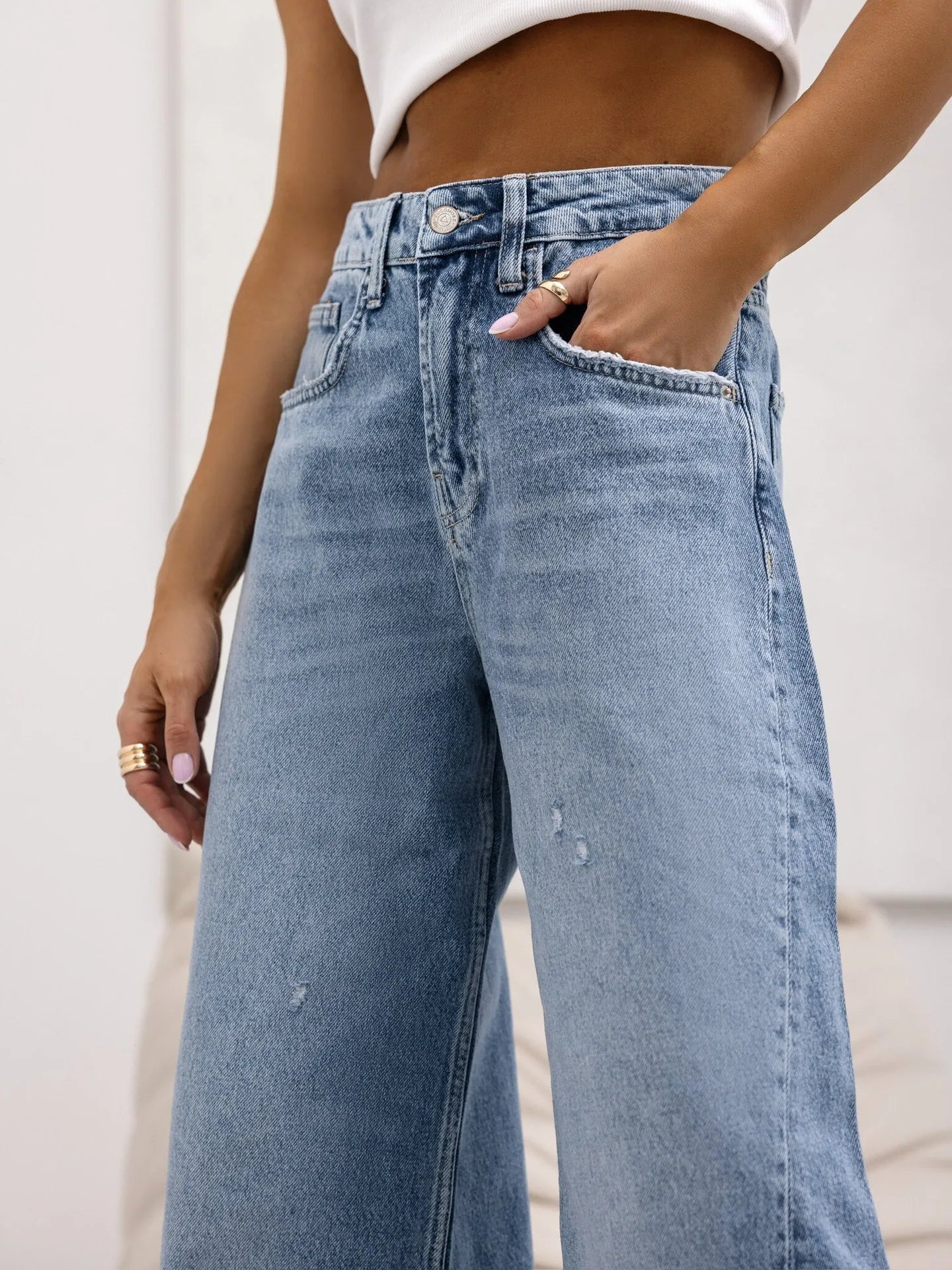 Women Denim Holes Jeans Washing Pencil Pants High Waist Zipper Mom Fly Slim Wide Leg Pockets Full Length Spring 2025 Streetwear