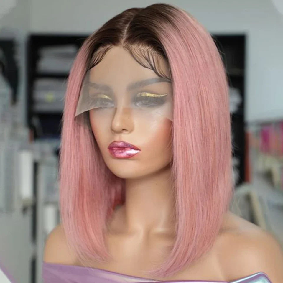 Sleek Pink Lace Front Short Bob Wigs Brazilian Ombre Black T4/Pink Human Hair Wigs 200% Density Natural Remy Human Hair