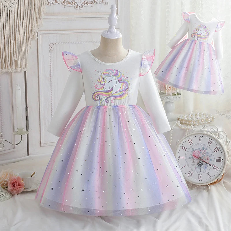 2025 New Princess Dress Unicorn Girls Dress Spring Kids Clothes Birthday Party Dress Long-sleeved for Children Rainbow 2-8Y