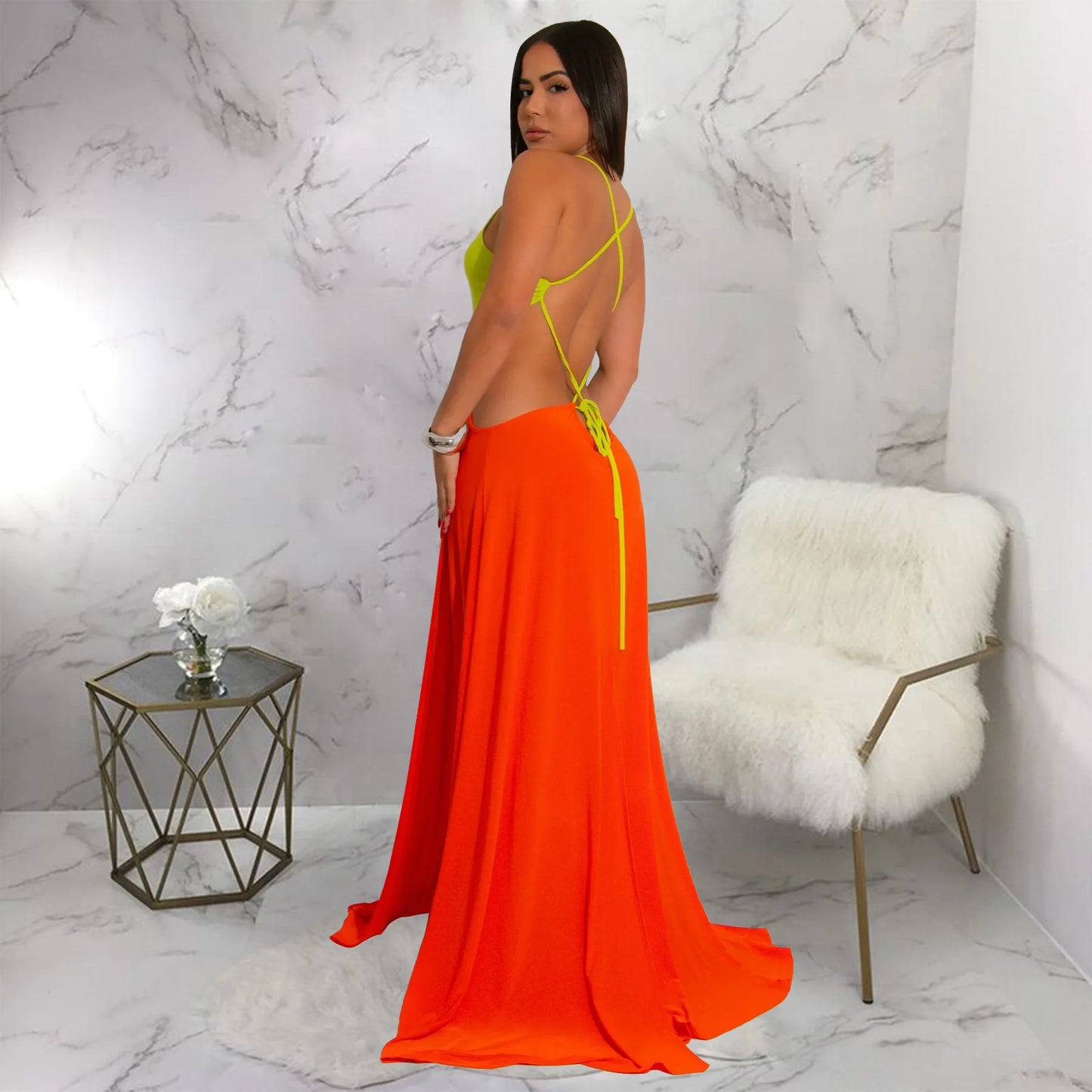 CM.YAYA Women Strap Backless Big Swing Split Maxi Long Dress 2025 Hollow Out Birthday Sexy Club Party Evening Dresses Vestidos