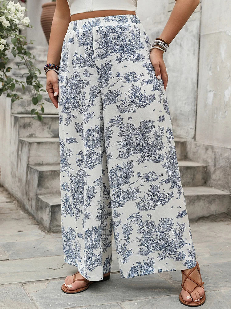 GIBSIE Plus Size Women's Boho Printed Casual Pants 2025 New Summer High Elastic Waist Loose Wide Leg Trousers Female Bottoms