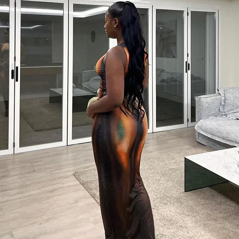Summer 2024 Y2K Print Sexy Evening Party Club Birthday Maxi Dress for Women Bodycon Sleeveless Long Dresses Outfits Streetwear