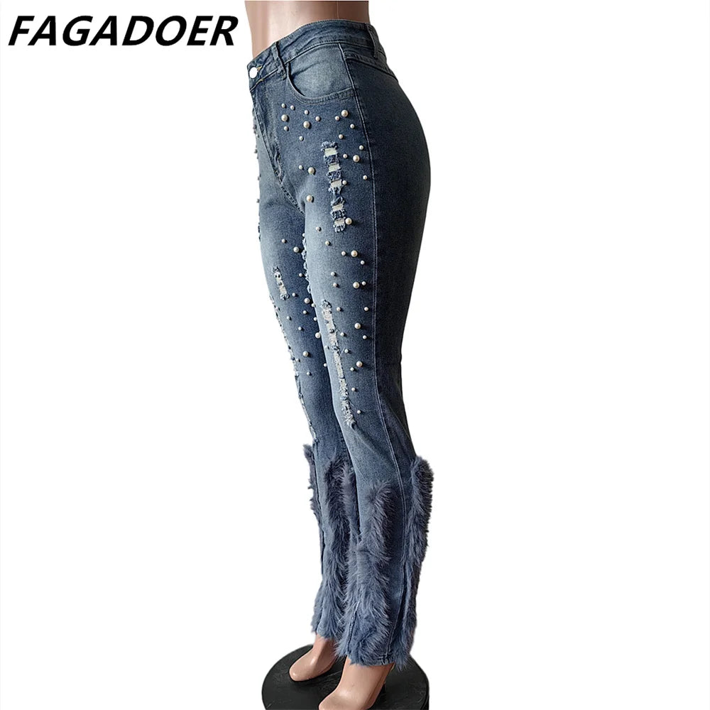 FAGADOER Feathers Patchwork Denim Pants Women Fashion Pearls Holes Tassel High Waist Stretchy Jeans Y2K Streetwear Bottoms New