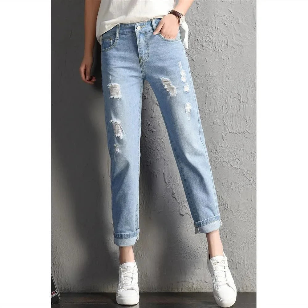 2025 Women jeans Clothing Mid Waist Boyfriend Big Ripped Hole Jeans Casual High Street Denim Pants woman Pencil Jeans y2k