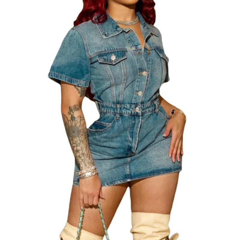 FAGADOER Y2K Denim Dress Mini Fashion Short Sleeve Stretchy Jean Cowboy Cargo Pockets Vestidos Cool Girl Streetwear Clothing new