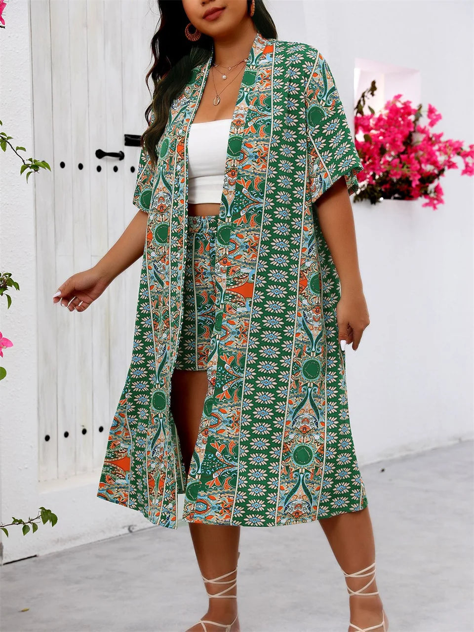GIBSIE Plus Size Summer Two Piece Set For Women Vacation Long Kimono Cardigan with Shorts Beach Style Boho Print Outfit Sets