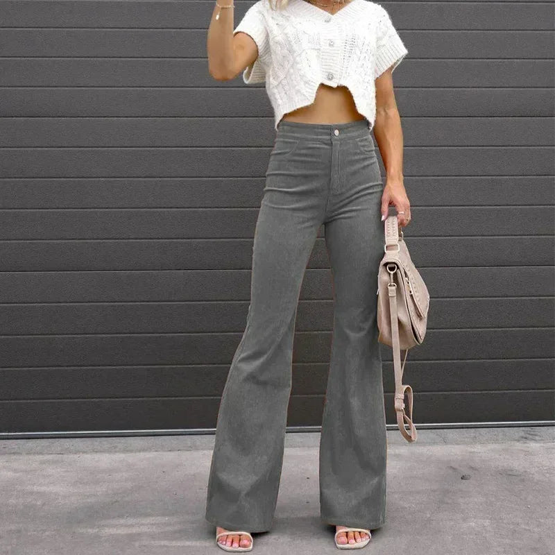 Women Pants Elegant Corduroy Autumn Winter Fashion Slim Casual Female New Solid Mid-waist Street Long Flare Clothing Lugentolo