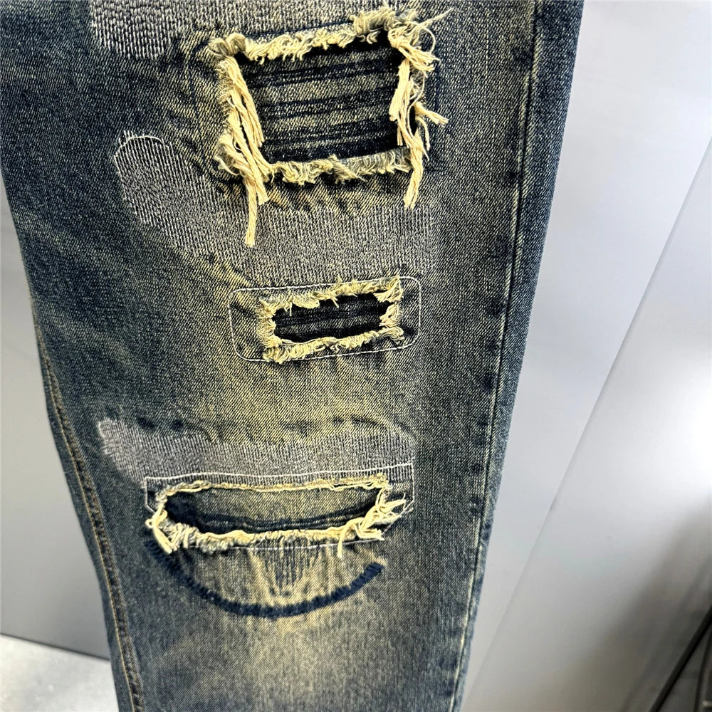 American Streetwear Ripped Patch Jeans Hip Hop Baggy Jeans Mens Clothing Vintage Denim Cargo Pants Japanese Harajuku Trousers