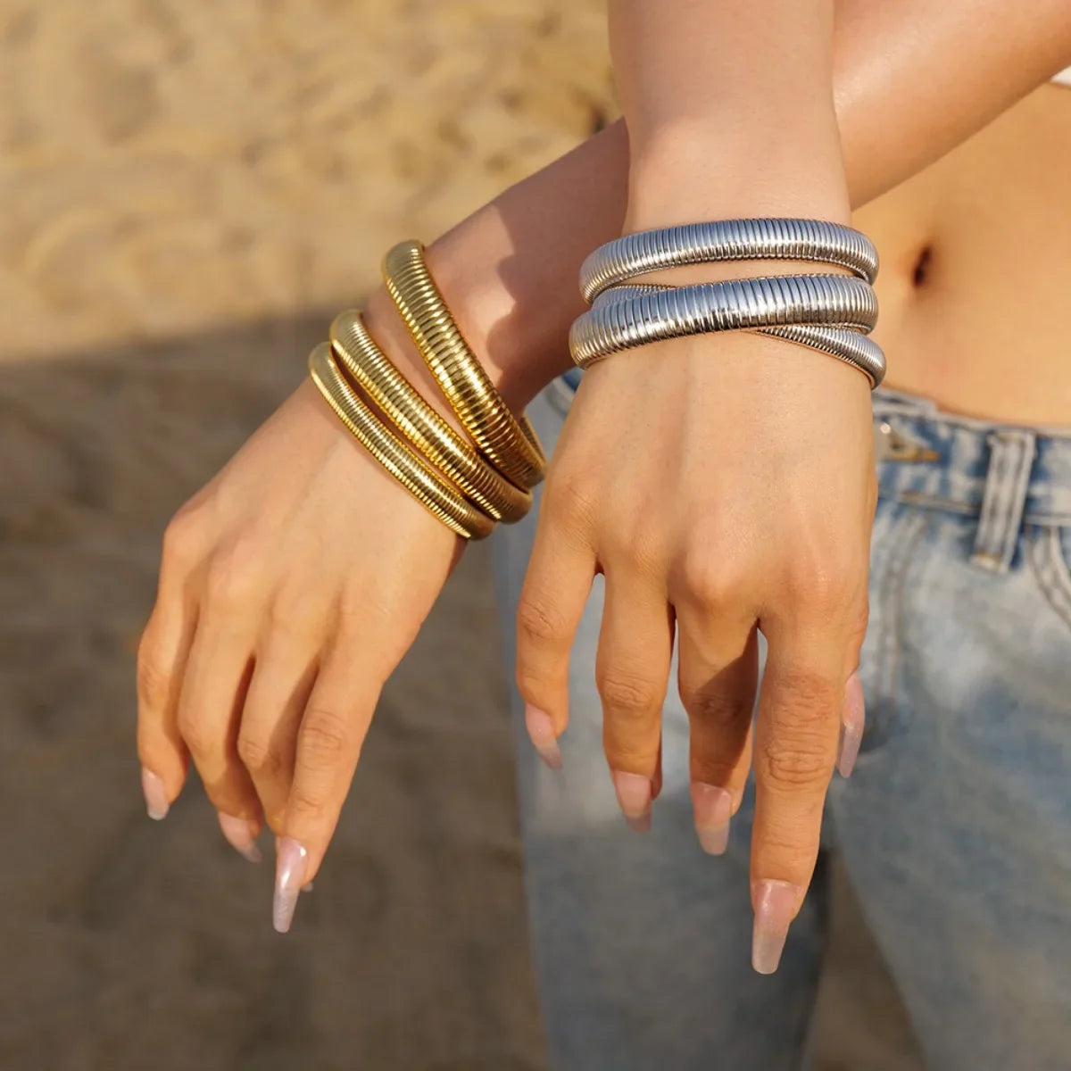Stainless Steel Texture Flex Snake Chain Cuff Bracelet