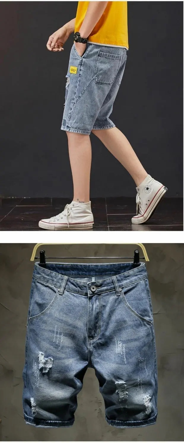 Summer 2025 Light Blue Ripped Cat Whisker Patch Letter Print Slim Denim Shorts Teenagers Jeans Boys and Girls Cowboy Short Pants