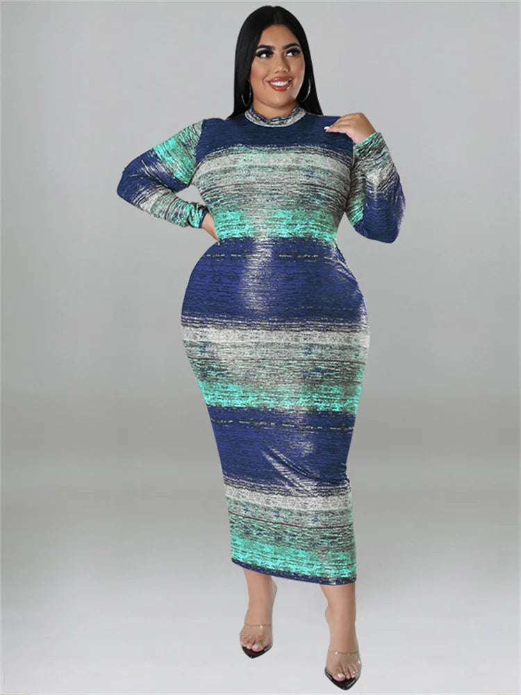 Wmstar Plus Size Dresses Tie Dye Bodycon Women Clothes Long Sleeve Casual Fashion Maxi Dress with Belt Wholesale Dropshipping