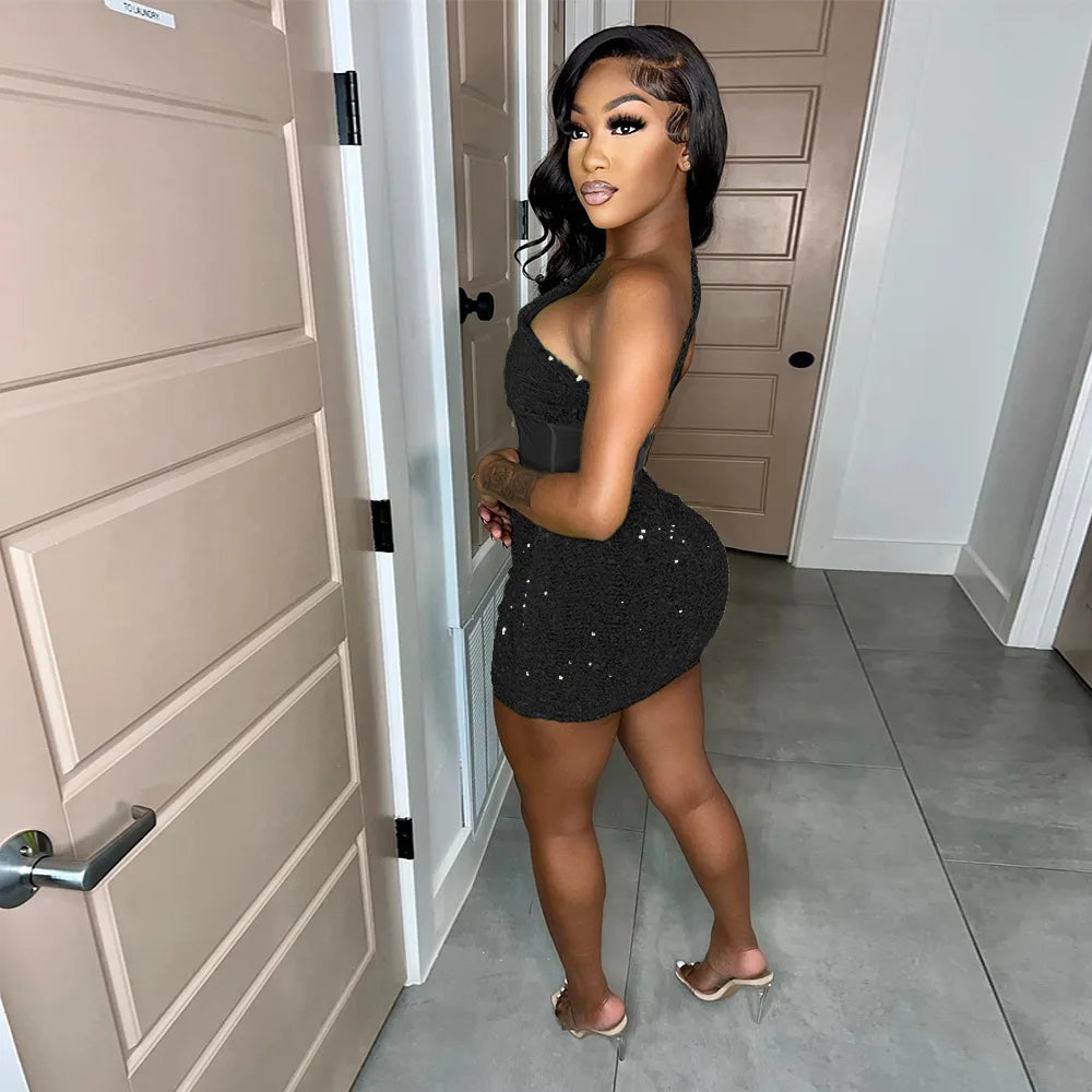 2023 Summer Women Sleeveless One Shoulder Bodycon Sexy Glitter Sequined Mesh Patchwork Mini Dress For Women Birthday Party