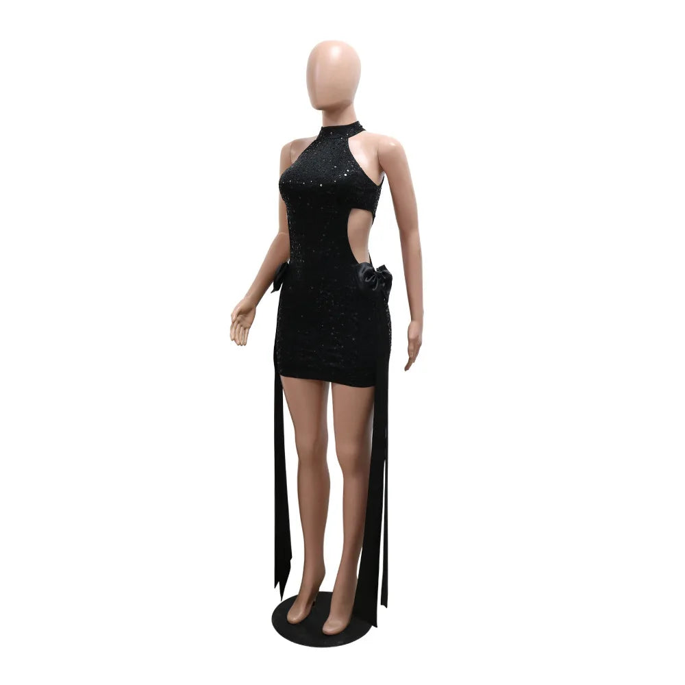 FAGADOER Bow Patchwork Bodycon Birthday Party Mini Sequined Dress Black Sexy Side Hollow Halter Tassel Night Clubwear 2024 New