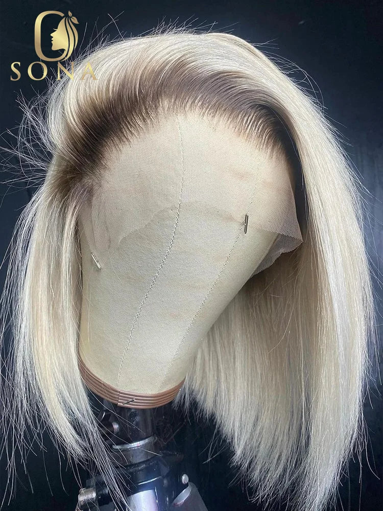 13x6 Colored Dark Root White Platinum Ash Blonde Straight Bob Lace Frontal Wig Human Hair Pre Plucked Brazilian Remy Front Wig