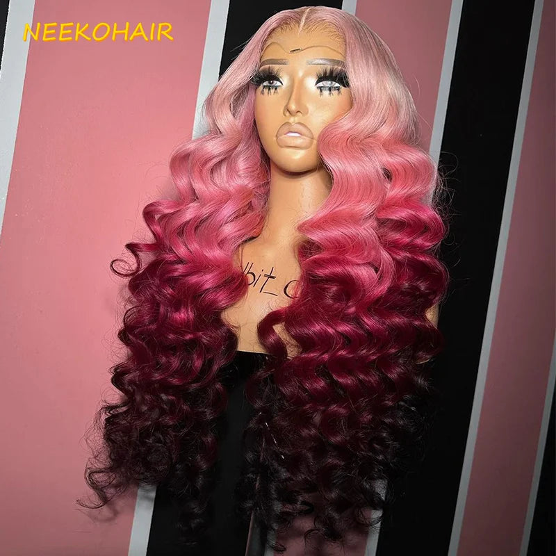13x6 HD Ombre Pink Lace Front Wig Curly Hot Pink 13x4 Transparent Lace Frontal Or 4x4 Closure Human Hair Wigs For Women