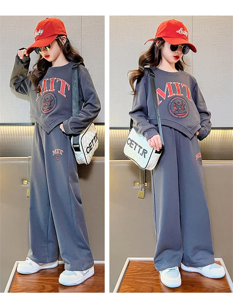 2025 autumn spring kid Girls Clothes Suit Child irregular letter sweatshirt t-shirt top and loose pant Tracksuit 4 8 10 12 year