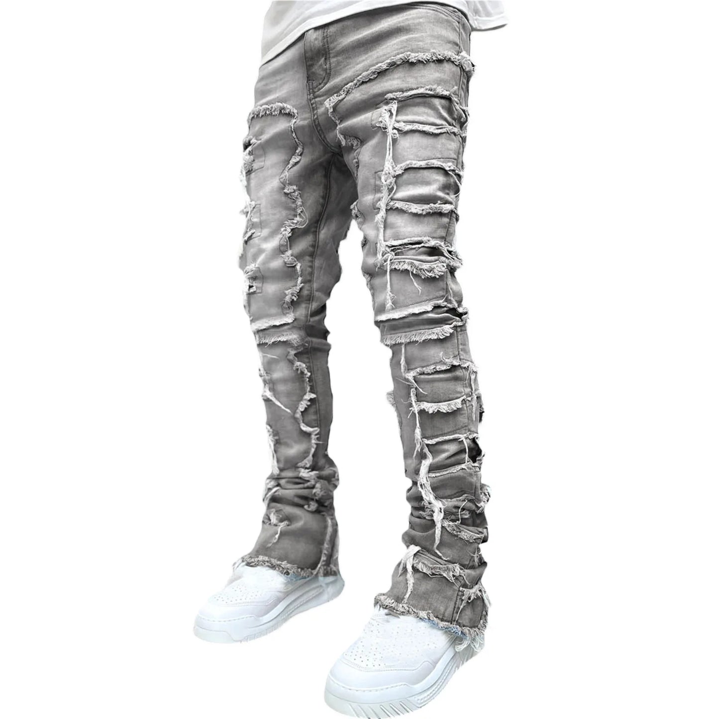 2024 Spring Summer New Men's Clothing Fashion Solid Color Elastic Patch Denim Straight-Leg Pants Jeans