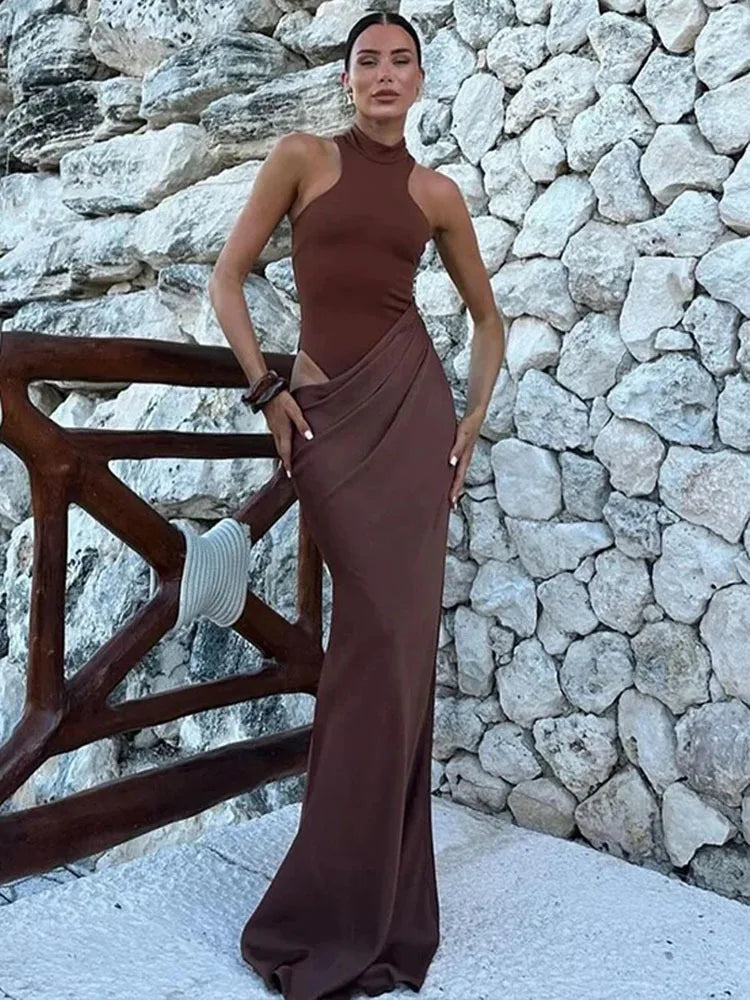 Satin Sexy Hollow Out Women Maxi Dress