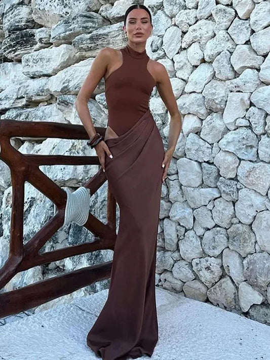 Satin Sexy Hollow Out Women Maxi Dress