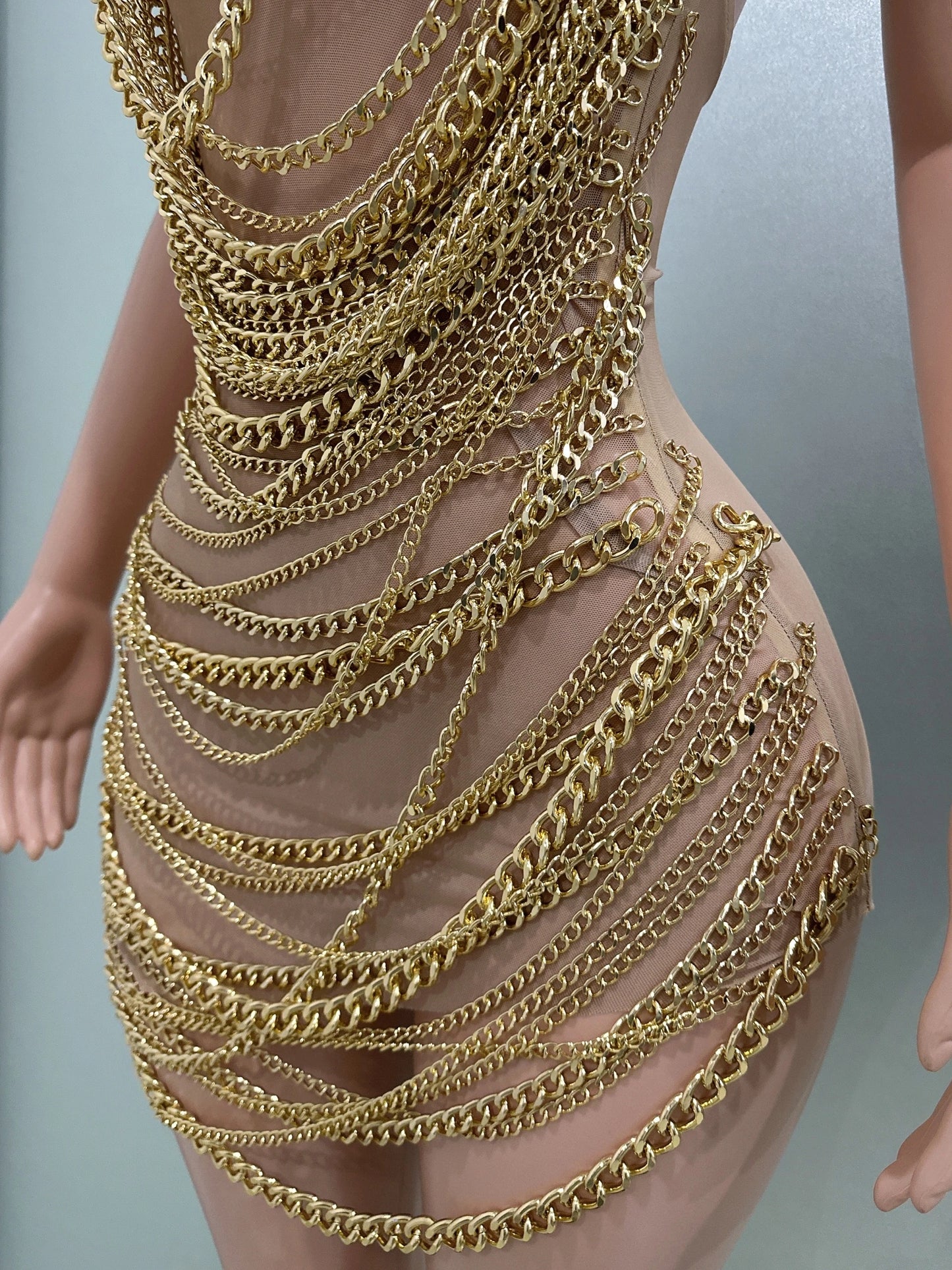 Gold Luxury Chains Khaki Sexy See-Through Sheath Mini Dress Evening Party Performance Costume Bar Nightclub Singer Stage Wear